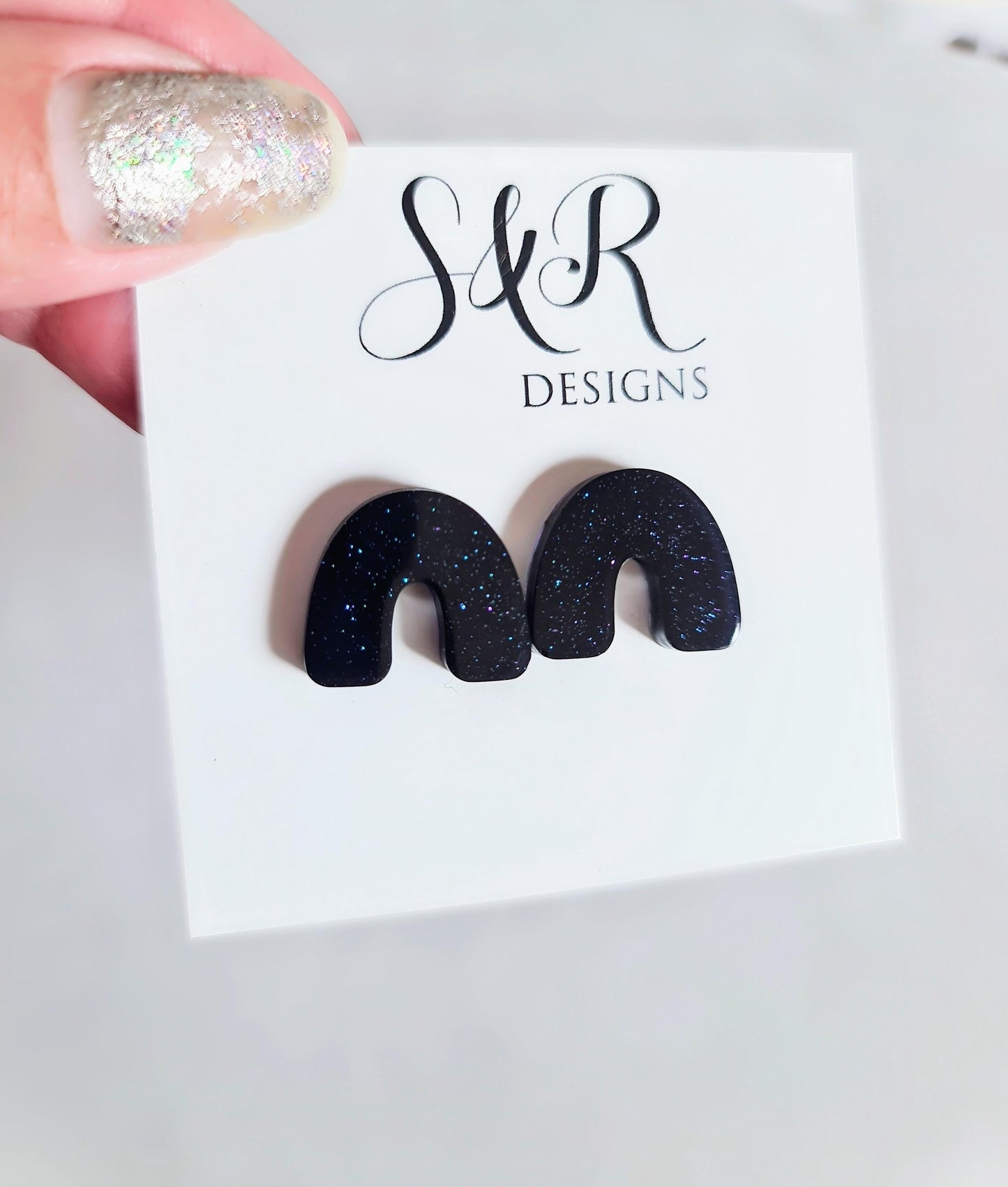 Midnight Blue Glitter Resin Stud Earrings, U-Shape Stainless Steel Posts Hypoallergenic