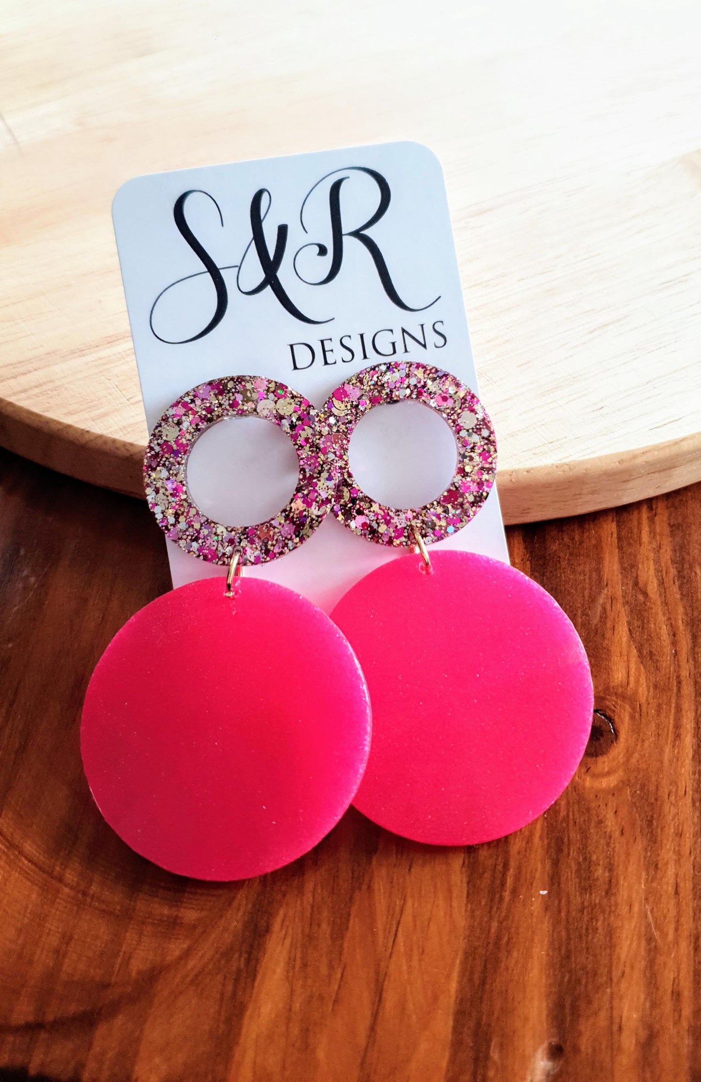 Pink Circle Dangle Earrings, Holographic Shimmer Mix Glitter, Long Hoop Dangle, lightweight Statement Earrings, Stainless Steel Hypoallergen