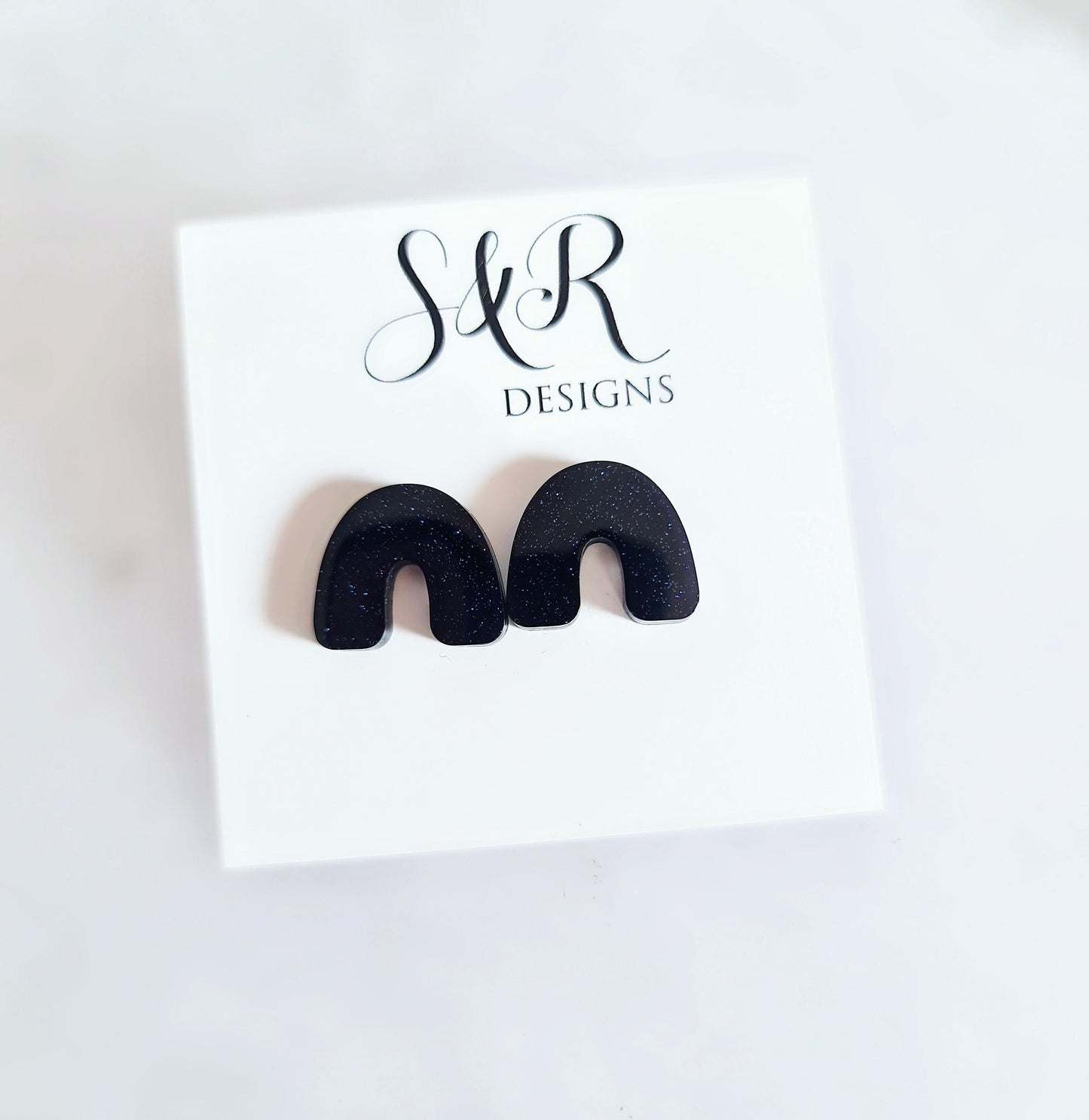 Midnight Blue Glitter Resin Stud Earrings, U-Shape Stainless Steel Posts Hypoallergenic