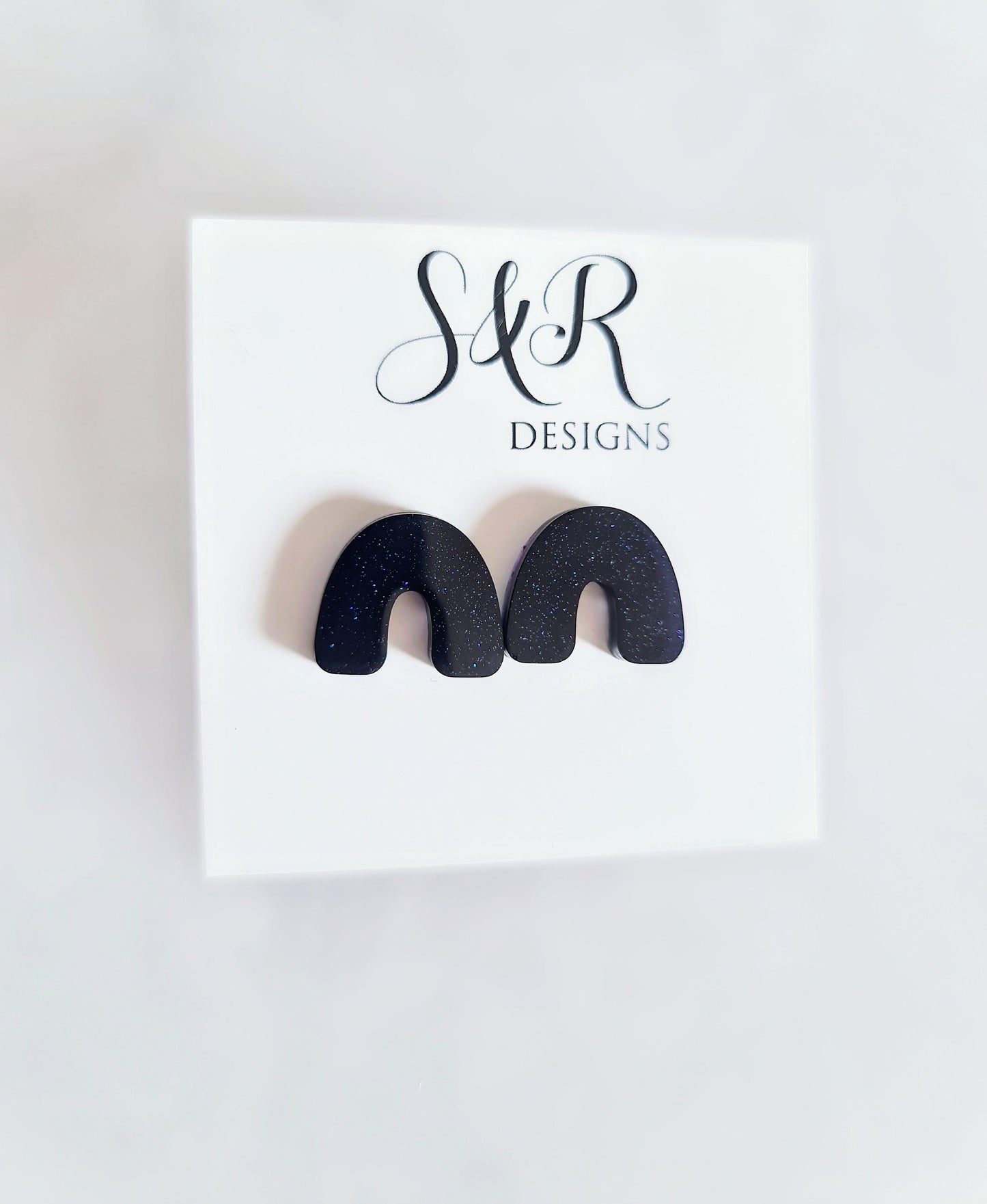 Midnight Blue Glitter Resin Stud Earrings, U-Shape Stainless Steel Posts Hypoallergenic