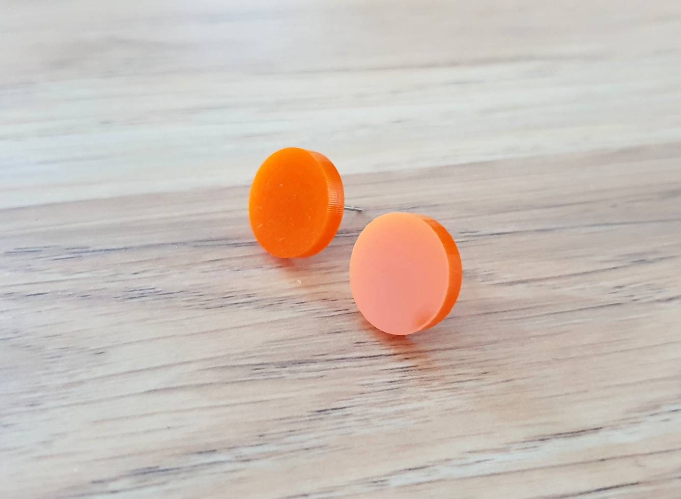 Orange Circle Stud Earrings, Acrylic Earrings, Stainless Steel Earrings.
