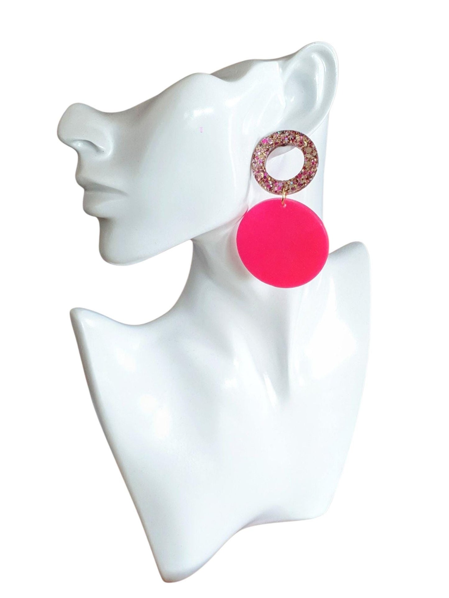 Pink Circle Dangle Earrings, Holographic Shimmer Mix Glitter, Long Hoop Dangle, lightweight Statement Earrings, Stainless Steel Hypoallergen