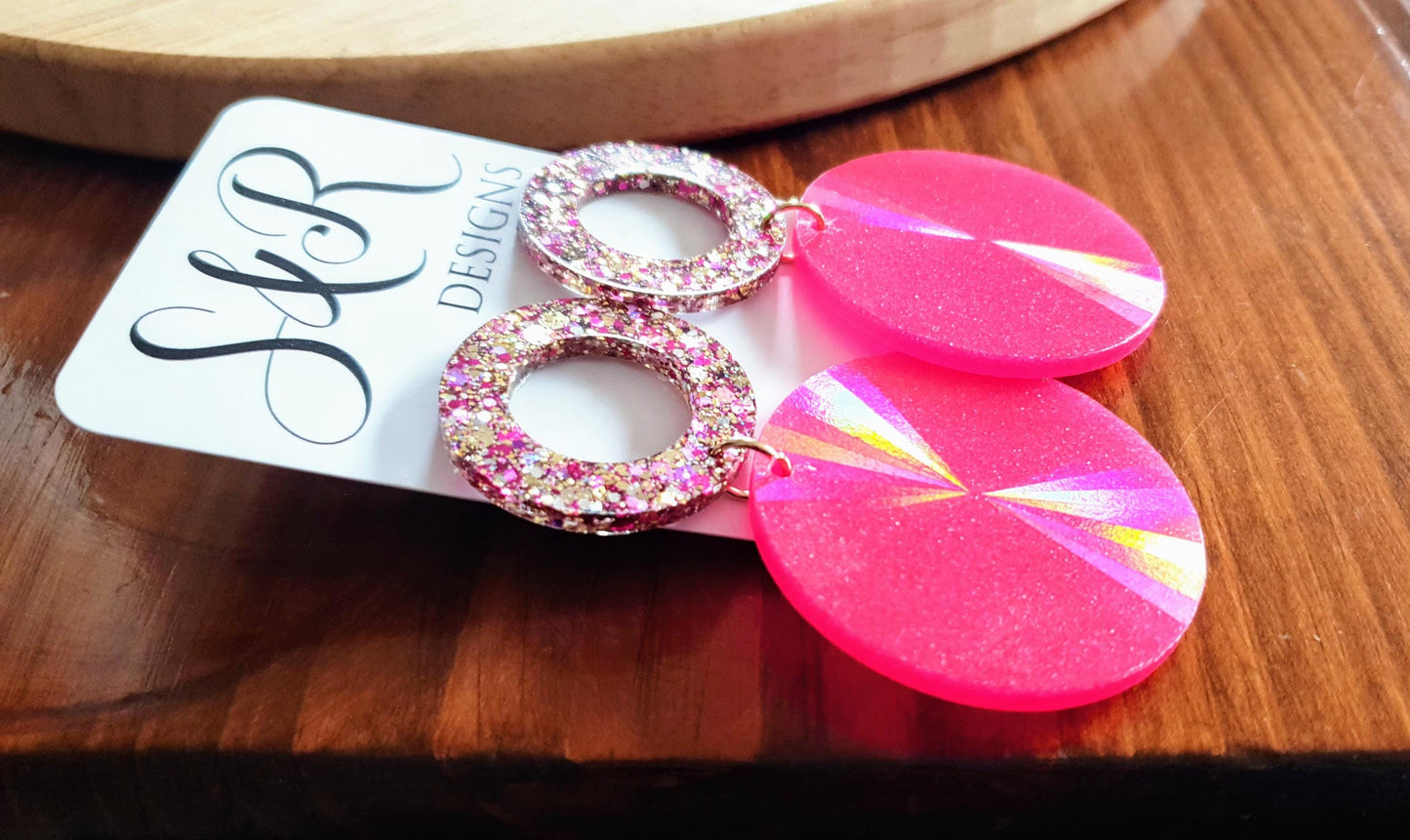 Pink Circle Dangle Earrings, Holographic Shimmer Mix Glitter, Long Hoop Dangle, lightweight Statement Earrings, Stainless Steel Hypoallergen