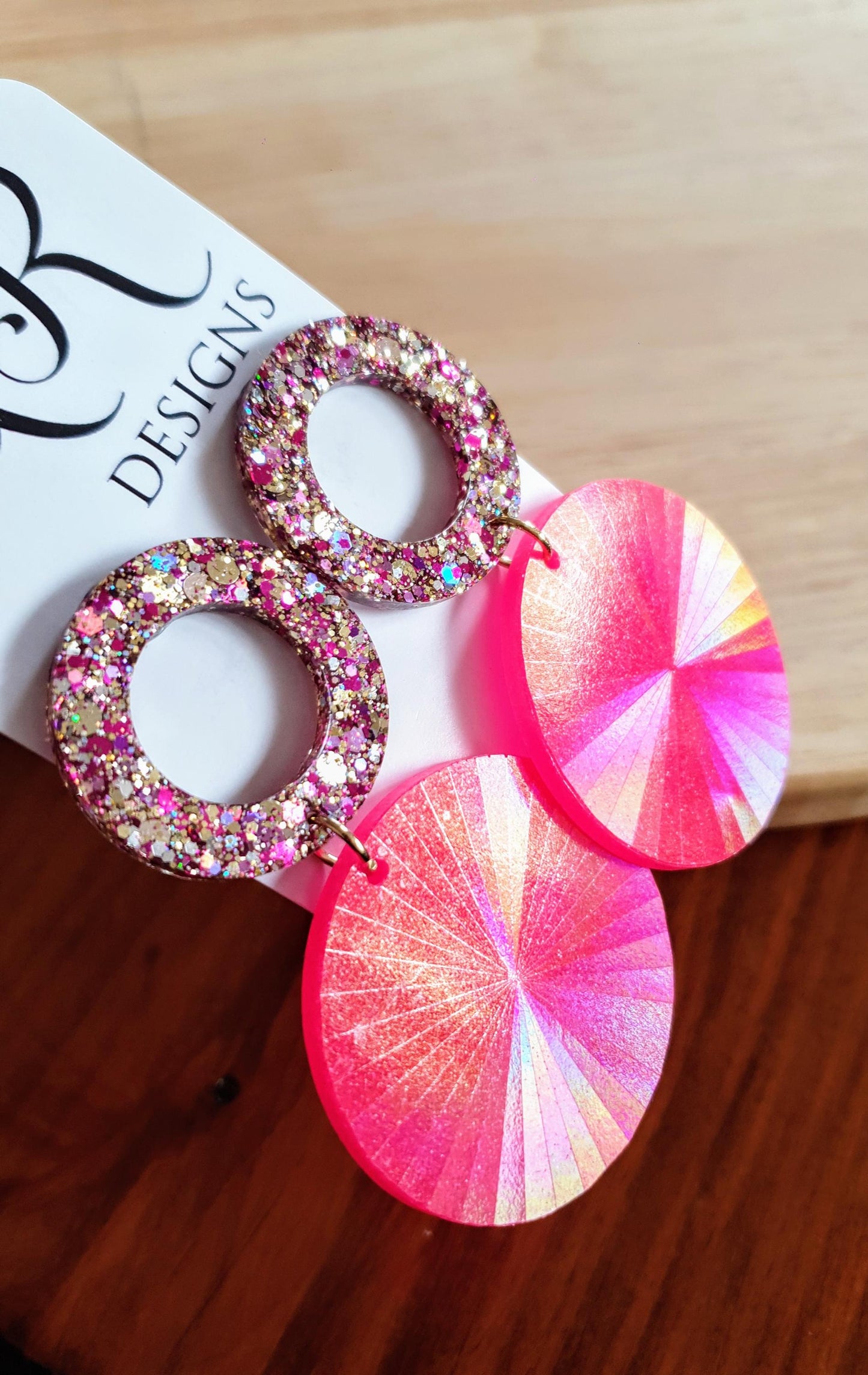 Pink Circle Dangle Earrings, Holographic Shimmer Mix Glitter, Long Hoop Dangle, lightweight Statement Earrings, Stainless Steel Hypoallergen
