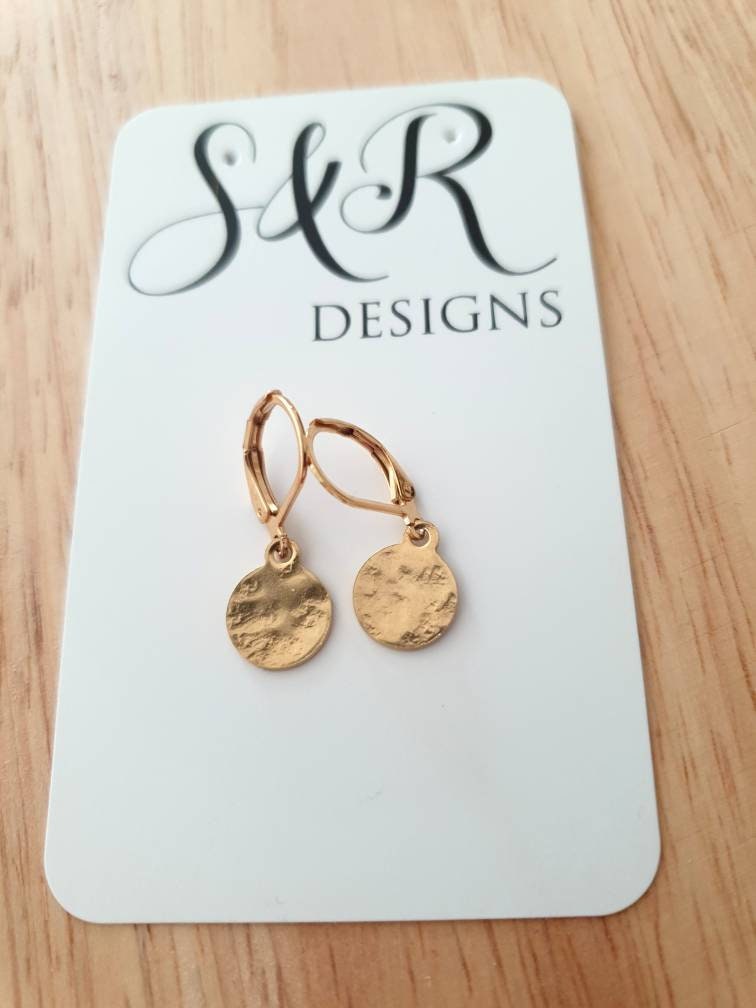 Gold Hammered Circle Disc Leverback Drop Earrings, Coin Disc Hoops, 10mm Disc Hooks, Stainless Steel Dangle Leverback, Minimalist Earrings