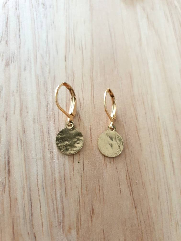 Gold Hammered Circle Disc Leverback Drop Earrings, Coin Disc Hoops, 10mm Disc Hooks, Stainless Steel Dangle Leverback, Minimalist Earrings