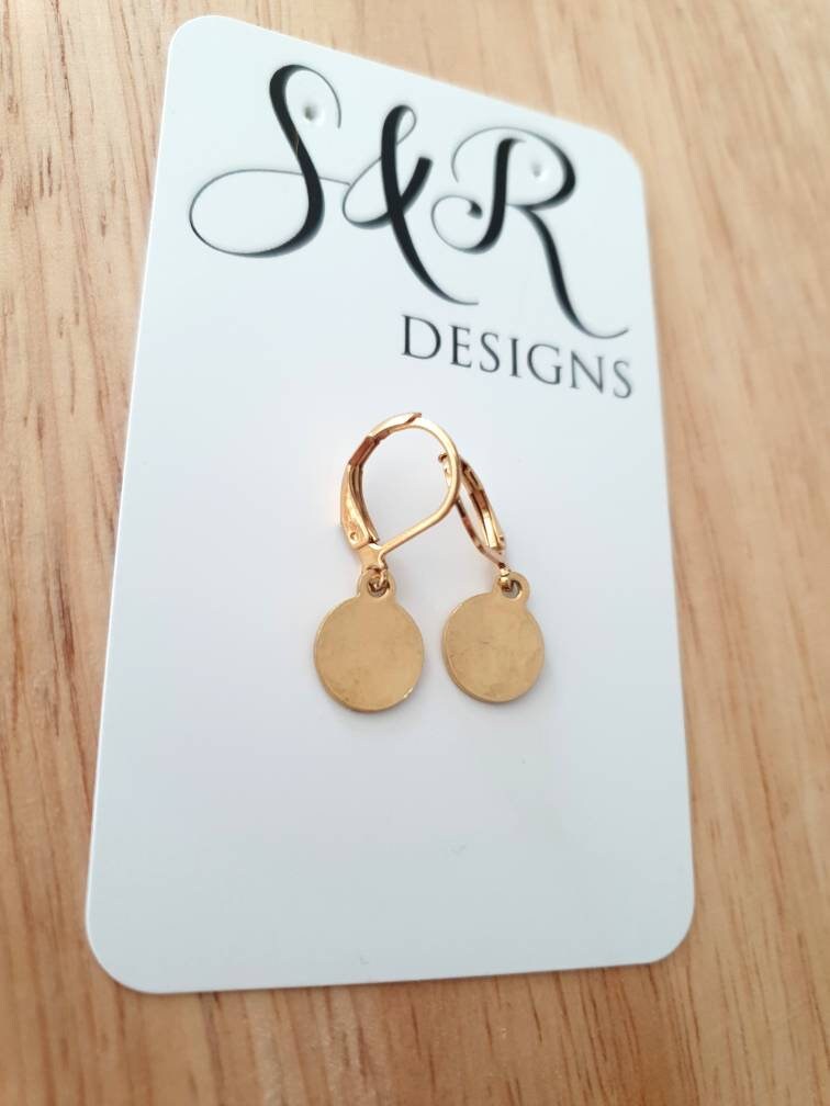 Gold Hammered Circle Disc Leverback Drop Earrings, Coin Disc Hoops, 10mm Disc Hooks, Stainless Steel Dangle Leverback, Minimalist Earrings