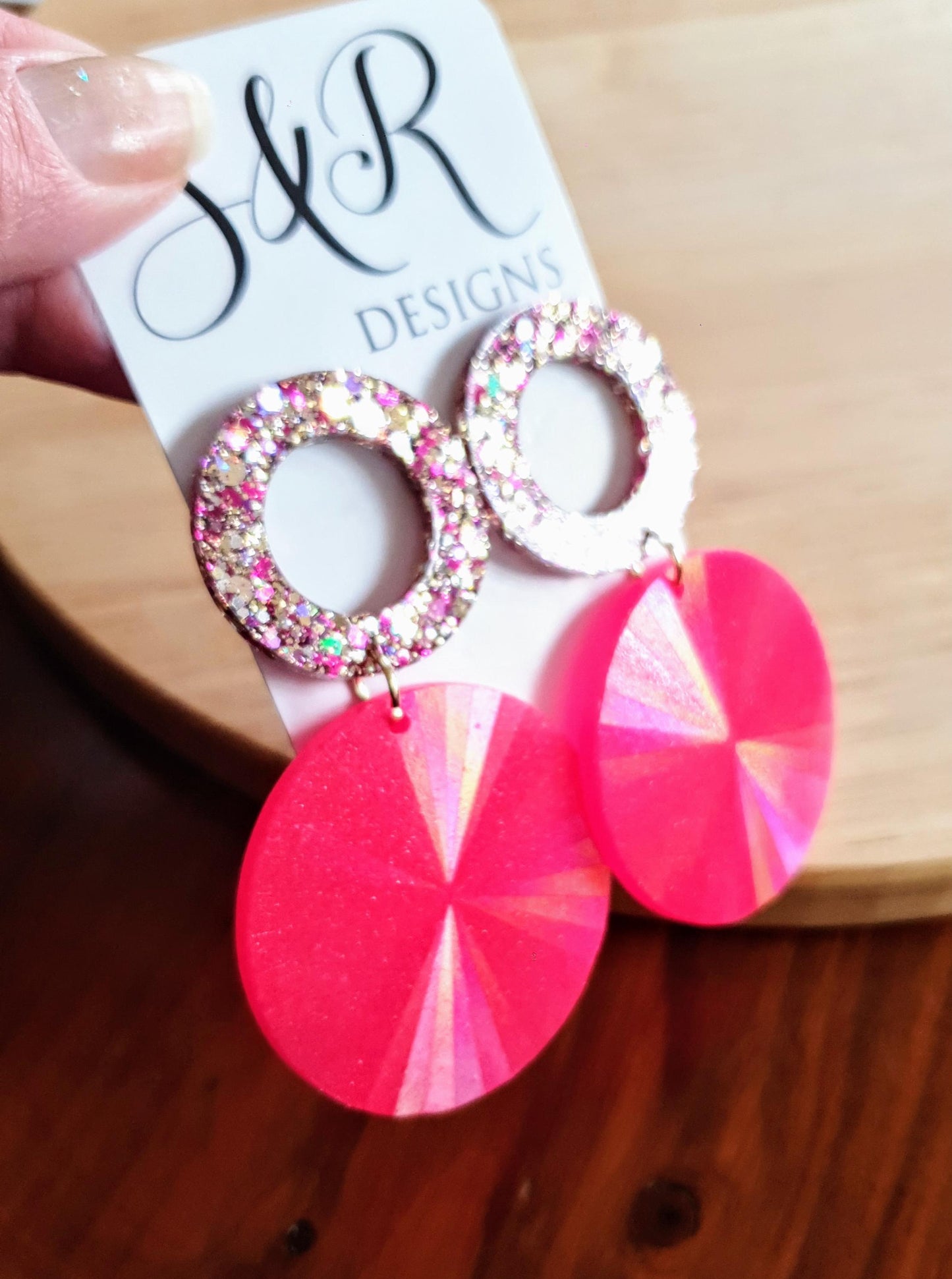 Pink Circle Dangle Earrings, Holographic Shimmer Mix Glitter, Long Hoop Dangle, lightweight Statement Earrings, Stainless Steel Hypoallergen