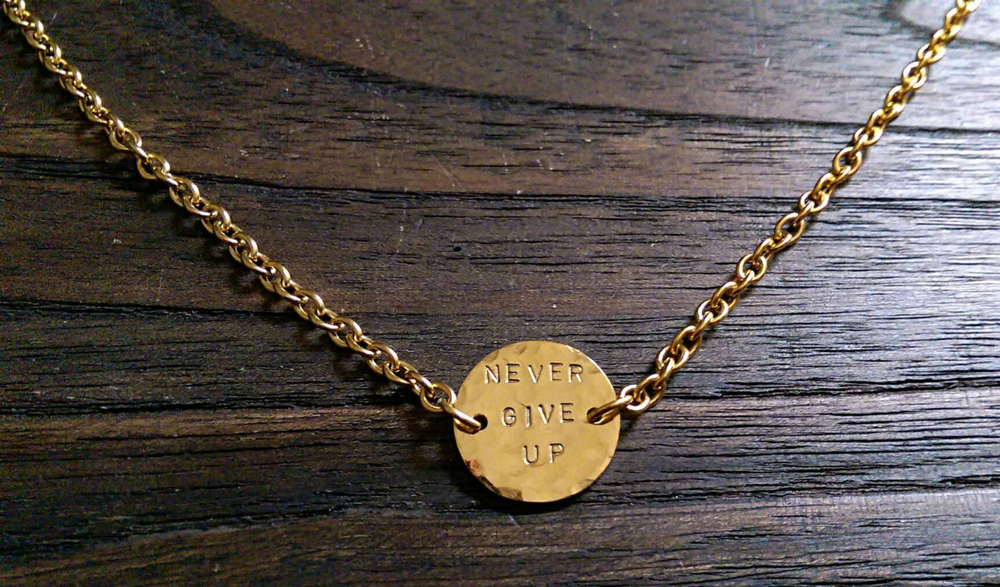 Hammered Pendant Necklace. Personalised Hand Stamped Necklace. Gold Stainless Steel Circle Necklace. Personalized Name Necklace