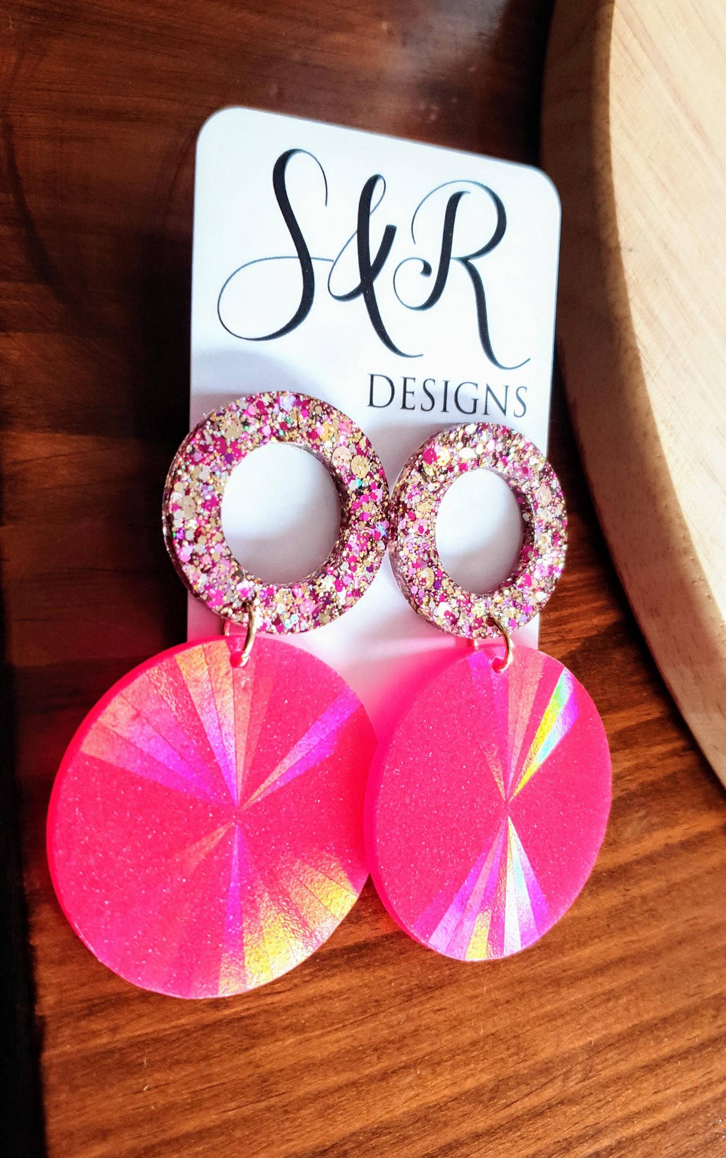 Pink Circle Dangle Earrings, Holographic Shimmer Mix Glitter, Long Hoop Dangle, lightweight Statement Earrings, Stainless Steel Hypoallergen