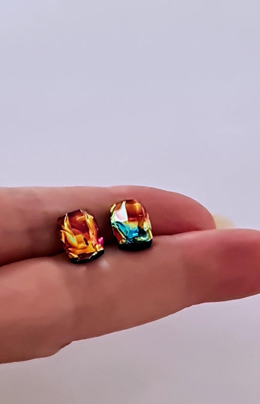 Iridescent Red Rainbow Resin Stud Earrings with Stainless Steel Posts | Handmade Colorful Jewelry Gift | Gift for Her or Him