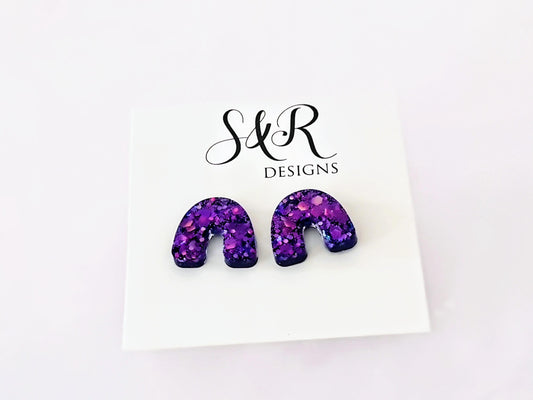 Purple Glitter Resin U-Shape Stud Earrings | Handmade Statement Earrings | Stainless Steel Posts | Small Resin Earrings | Gift for Her