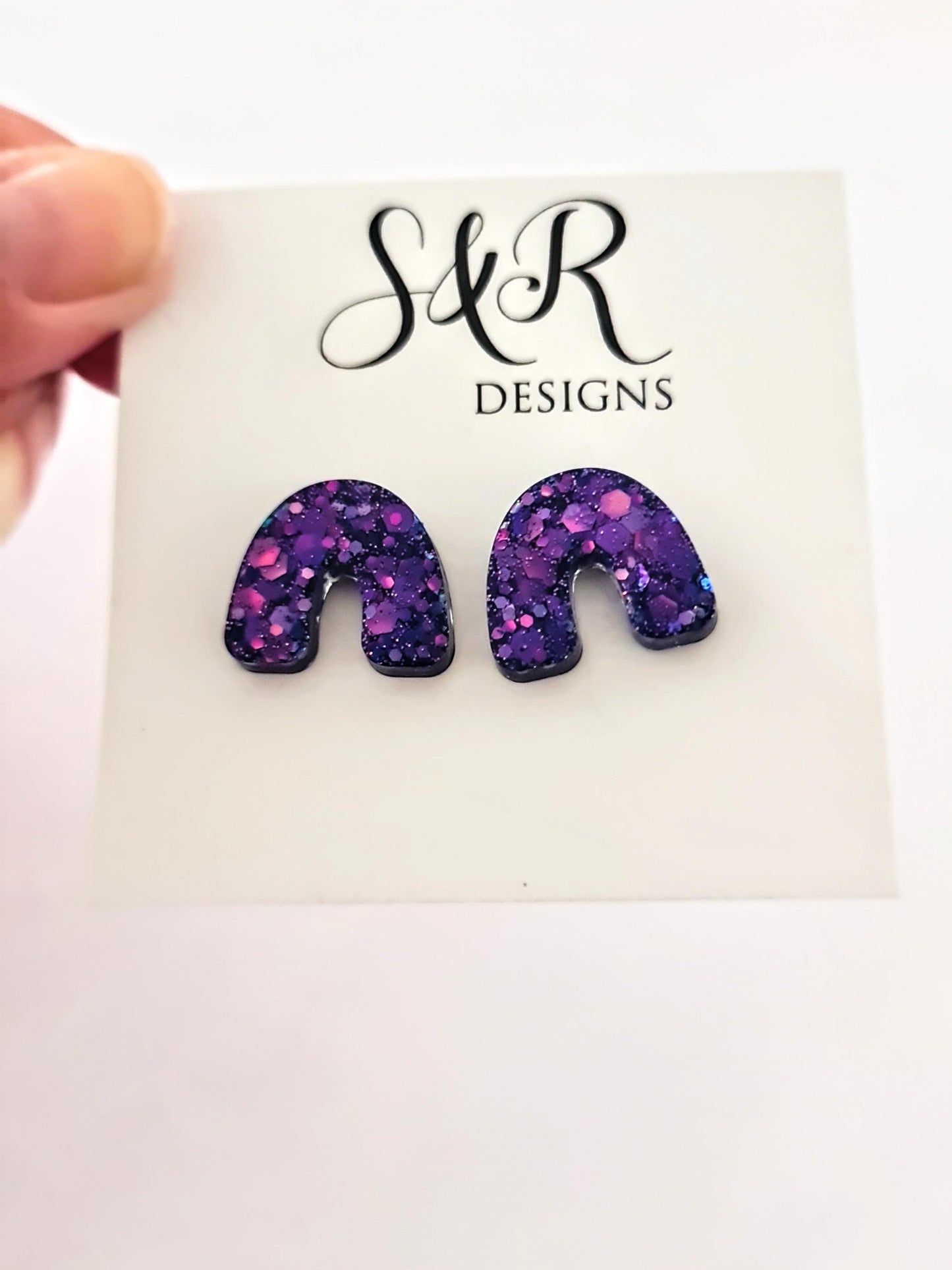Purple Glitter Resin U-Shape Stud Earrings | Handmade Statement Earrings | Stainless Steel Posts | Small Resin Earrings | Gift for Her
