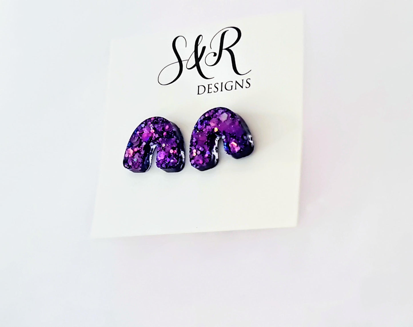 Purple Glitter Resin U-Shape Stud Earrings | Handmade Statement Earrings | Stainless Steel Posts | Small Resin Earrings | Gift for Her