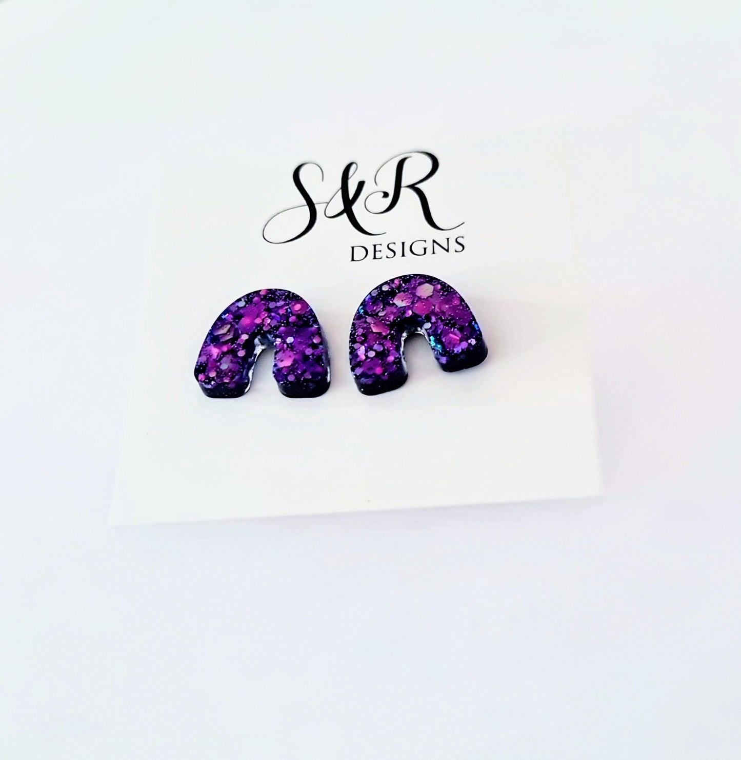 Purple Glitter Resin U-Shape Stud Earrings | Handmade Statement Earrings | Stainless Steel Posts | Small Resin Earrings | Gift for Her