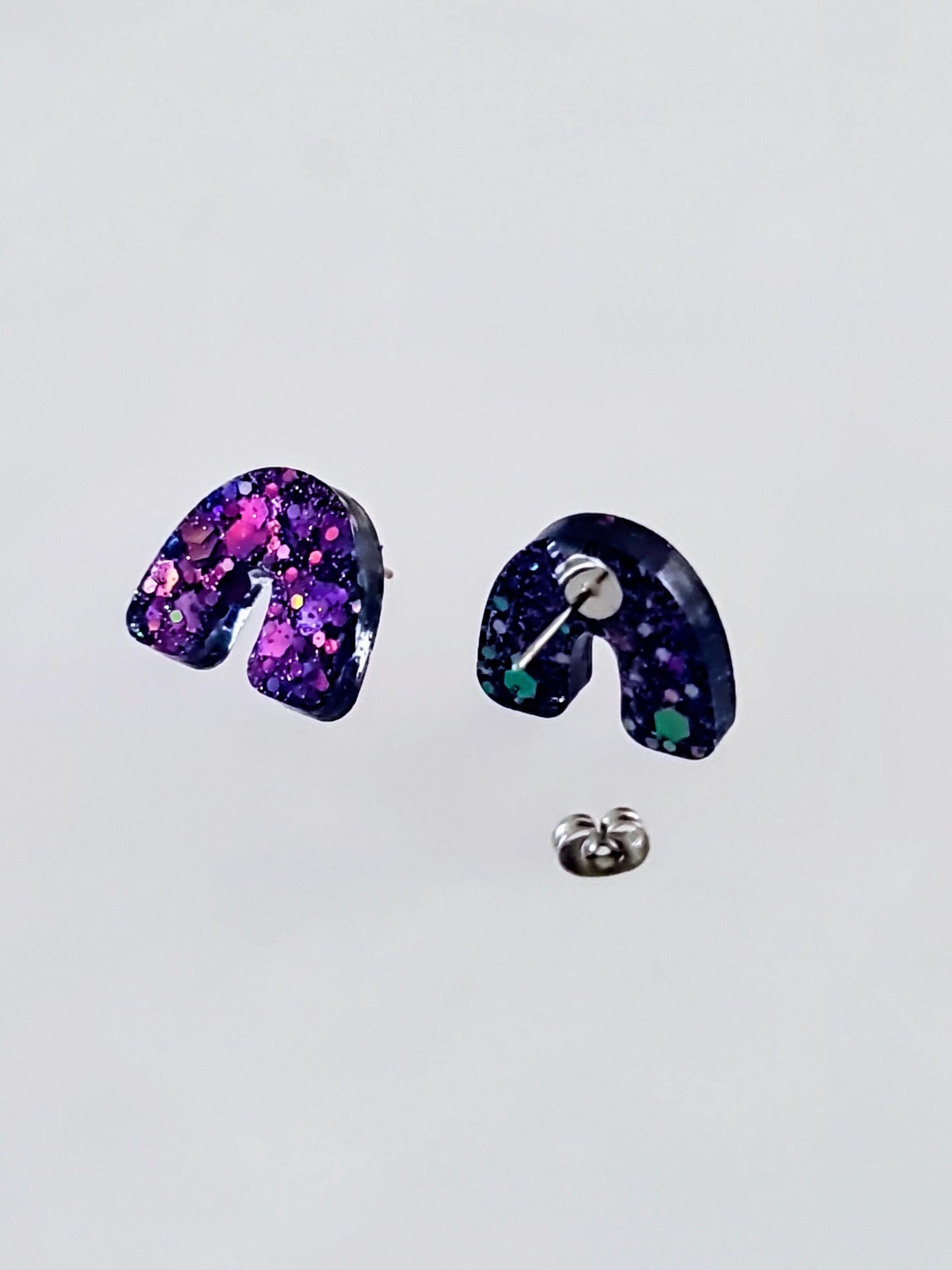 Purple Glitter Resin U-Shape Stud Earrings | Handmade Statement Earrings | Stainless Steel Posts | Small Resin Earrings | Gift for Her