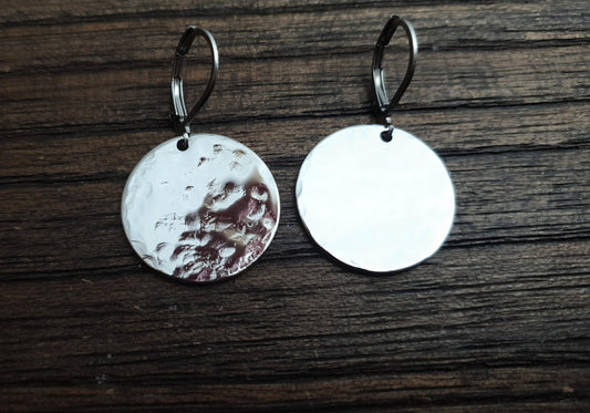 Silver Hammered Circle Disc Large Earrings, 20mm Coin Disc, Custom Stainless Steel Dangle Leverback, Hoops or Hook Earrings