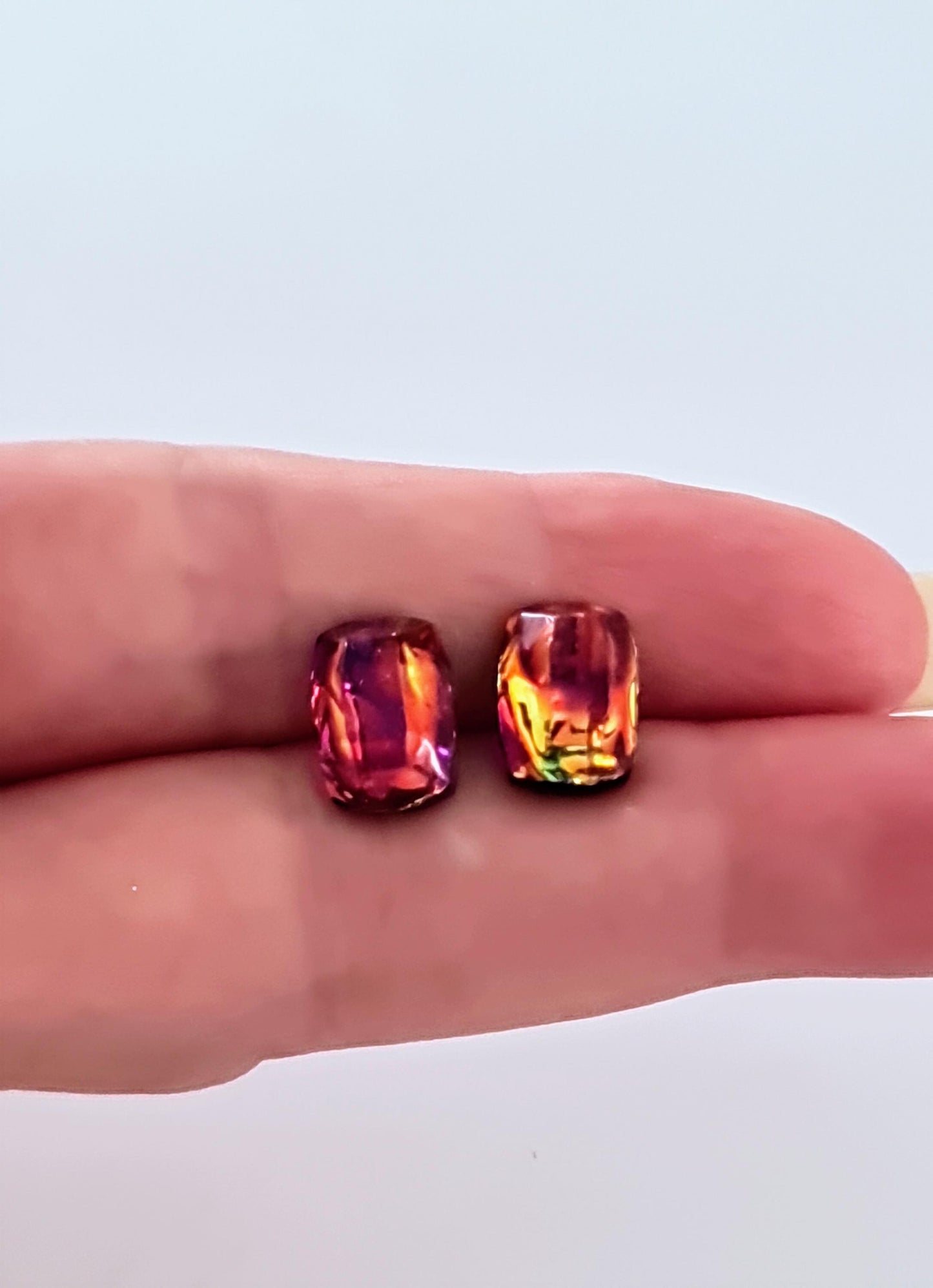 Iridescent Red Rainbow Resin Stud Earrings with Stainless Steel Posts | Handmade Colorful Jewelry Gift | Gift for Her or Him