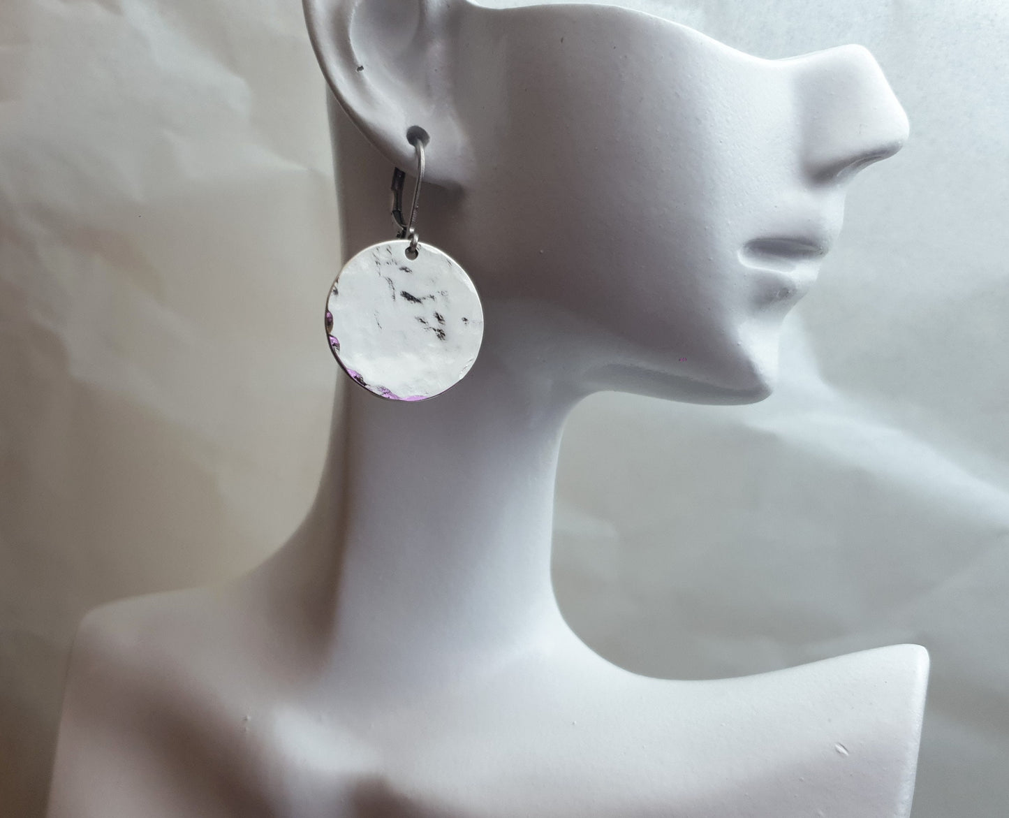 Silver Hammered Circle Disc Large Earrings, 20mm Coin Disc, Custom Stainless Steel Dangle Leverback, Hoops or Hook Earrings