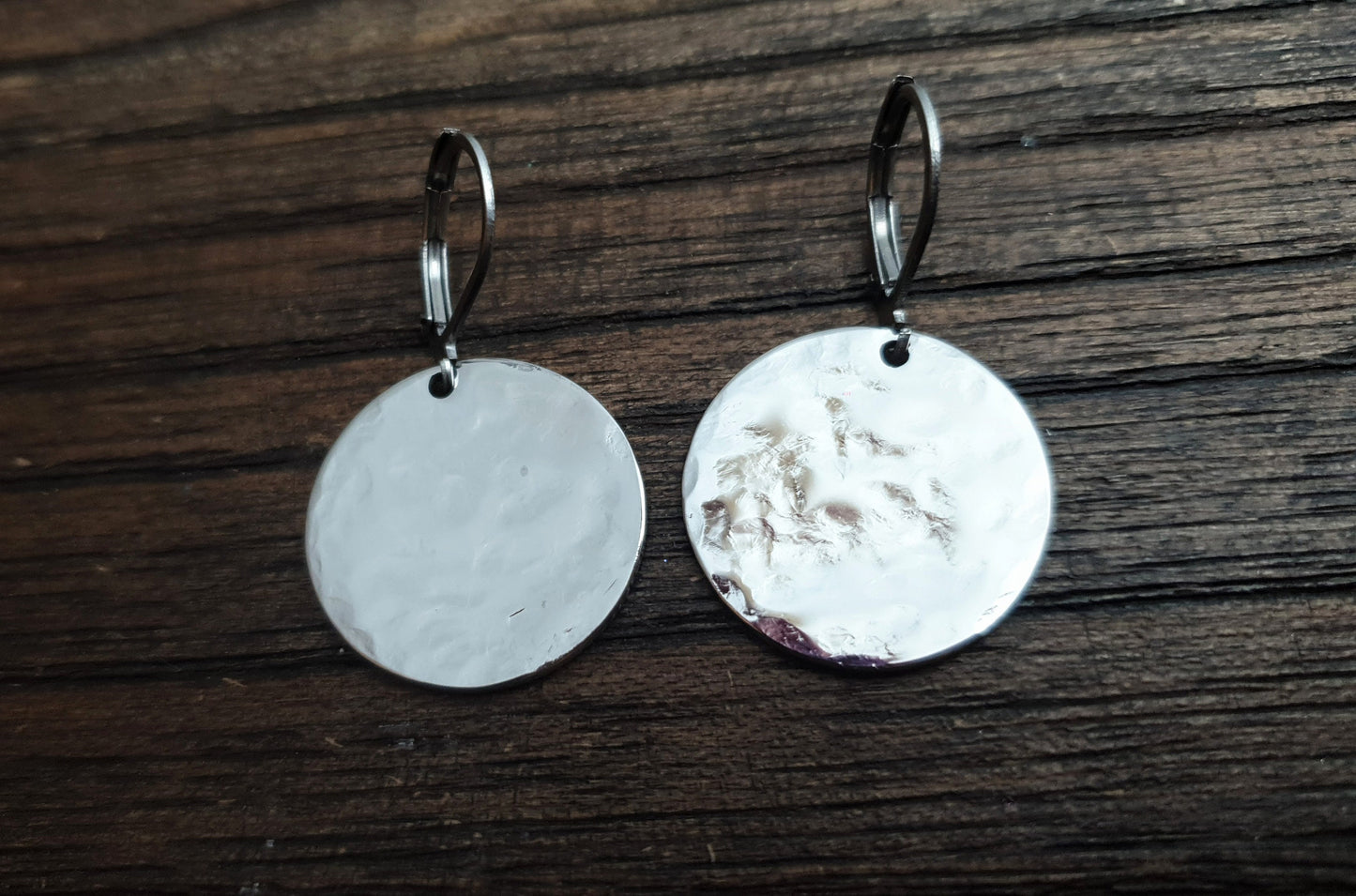 Silver Hammered Circle Disc Large Earrings, 20mm Coin Disc, Custom Stainless Steel Dangle Leverback, Hoops or Hook Earrings