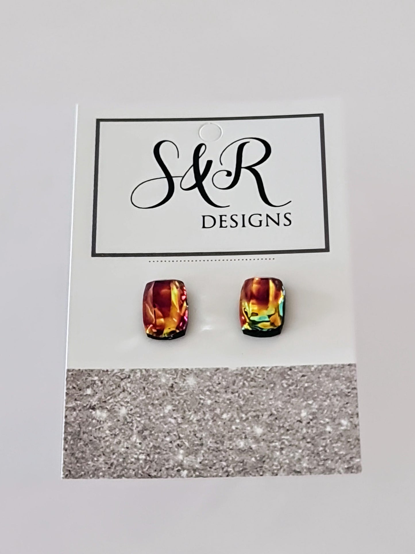 Iridescent Red Rainbow Resin Stud Earrings with Stainless Steel Posts | Handmade Colorful Jewelry Gift | Gift for Her or Him