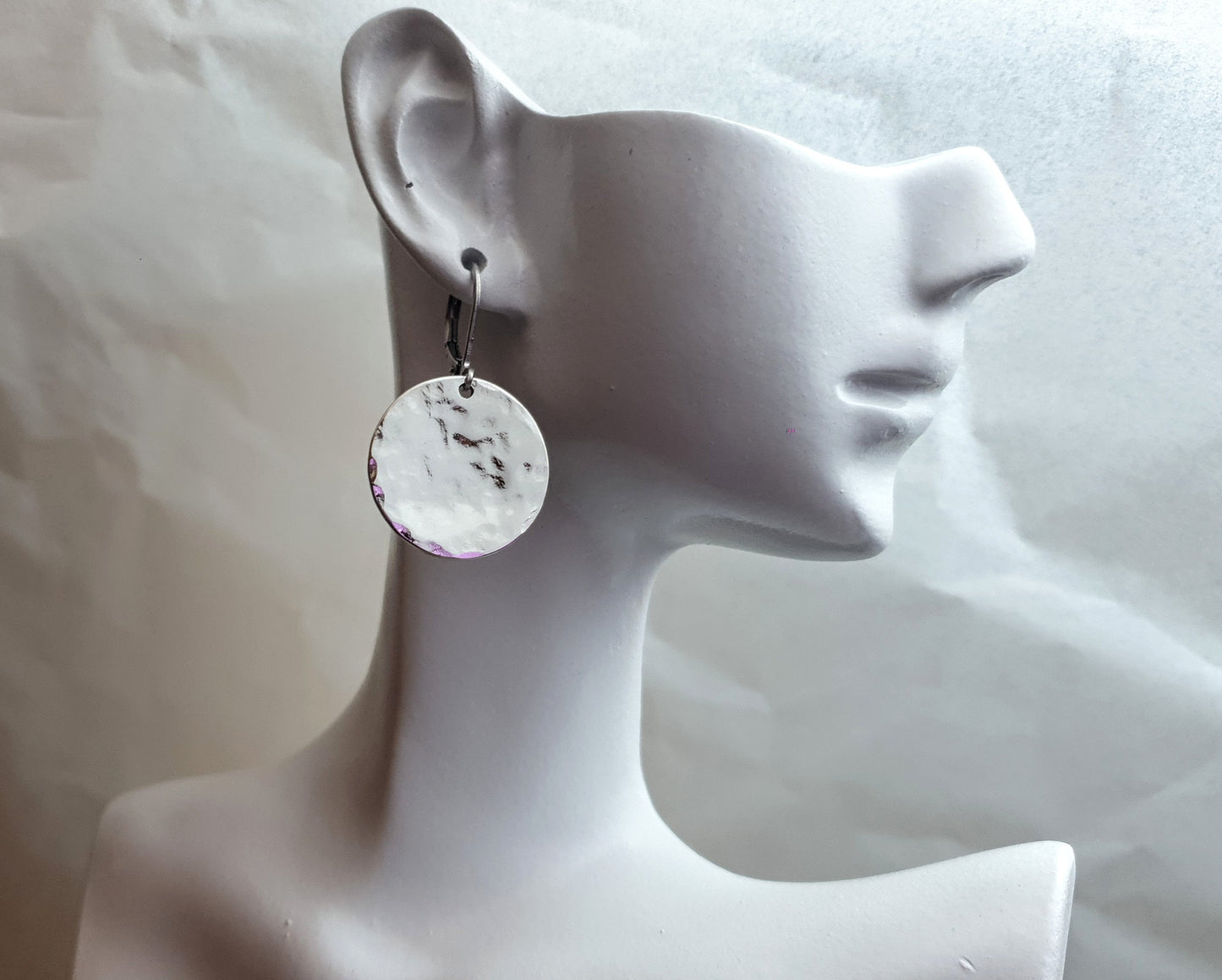 Silver Hammered Circle Disc Large Earrings, 20mm Coin Disc, Custom Stainless Steel Dangle Leverback, Hoops or Hook Earrings