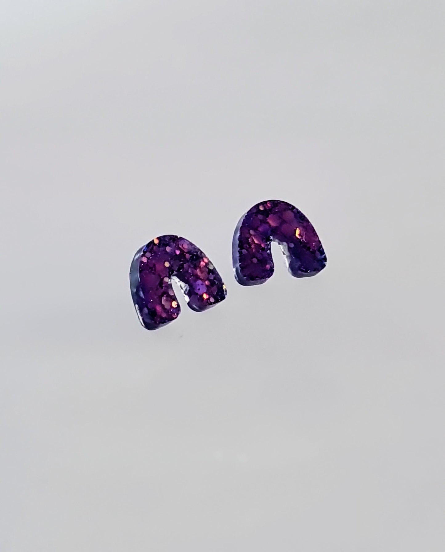 Purple Glitter Resin U-Shape Stud Earrings | Handmade Statement Earrings | Stainless Steel Posts | Small Resin Earrings | Gift for Her