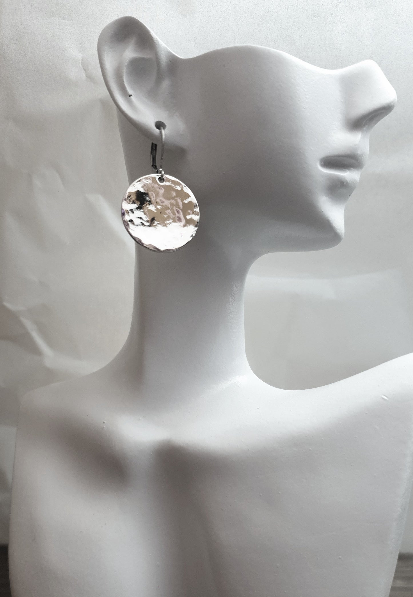 Silver Hammered Circle Disc Large Earrings, 20mm Coin Disc, Custom Stainless Steel Dangle Leverback, Hoops or Hook Earrings
