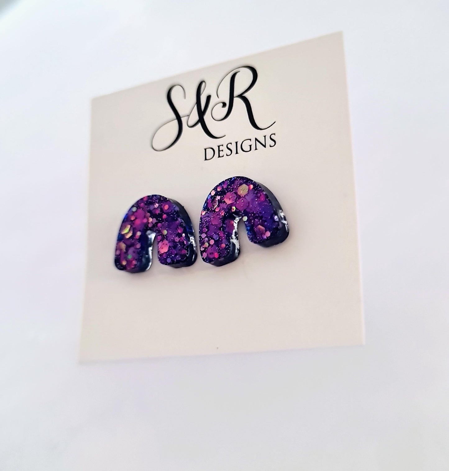 Purple Glitter Resin U-Shape Stud Earrings | Handmade Statement Earrings | Stainless Steel Posts | Small Resin Earrings | Gift for Her