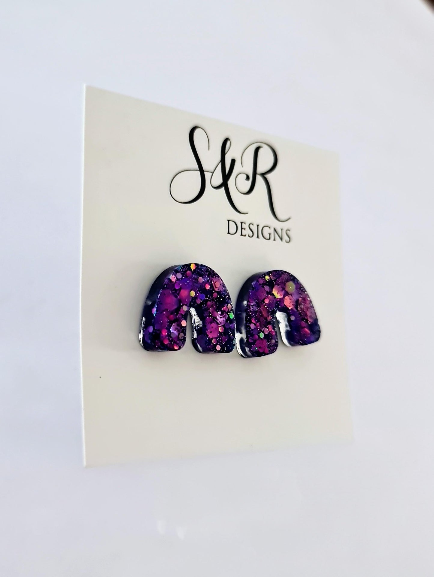 Purple Glitter Resin U-Shape Stud Earrings | Handmade Statement Earrings | Stainless Steel Posts | Small Resin Earrings | Gift for Her