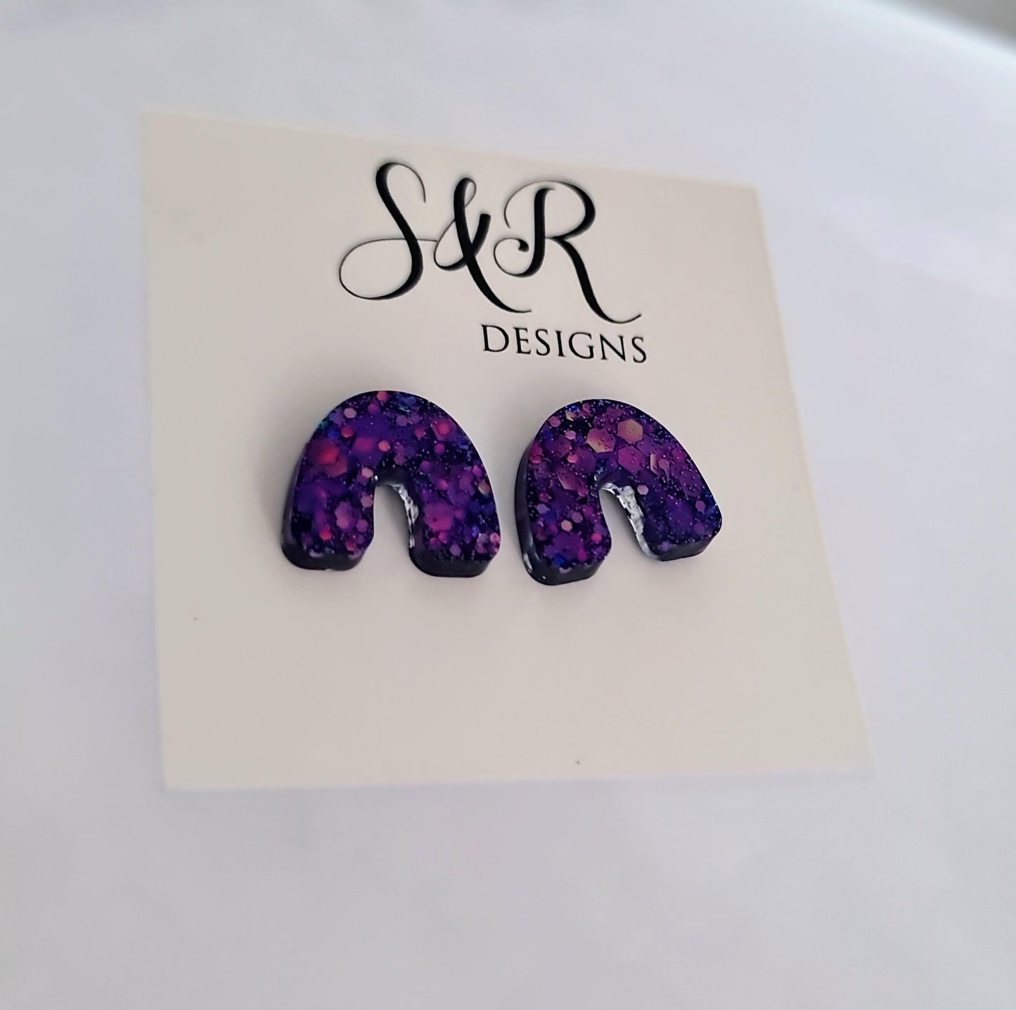 Purple Glitter Resin U-Shape Stud Earrings | Handmade Statement Earrings | Stainless Steel Posts | Small Resin Earrings | Gift for Her