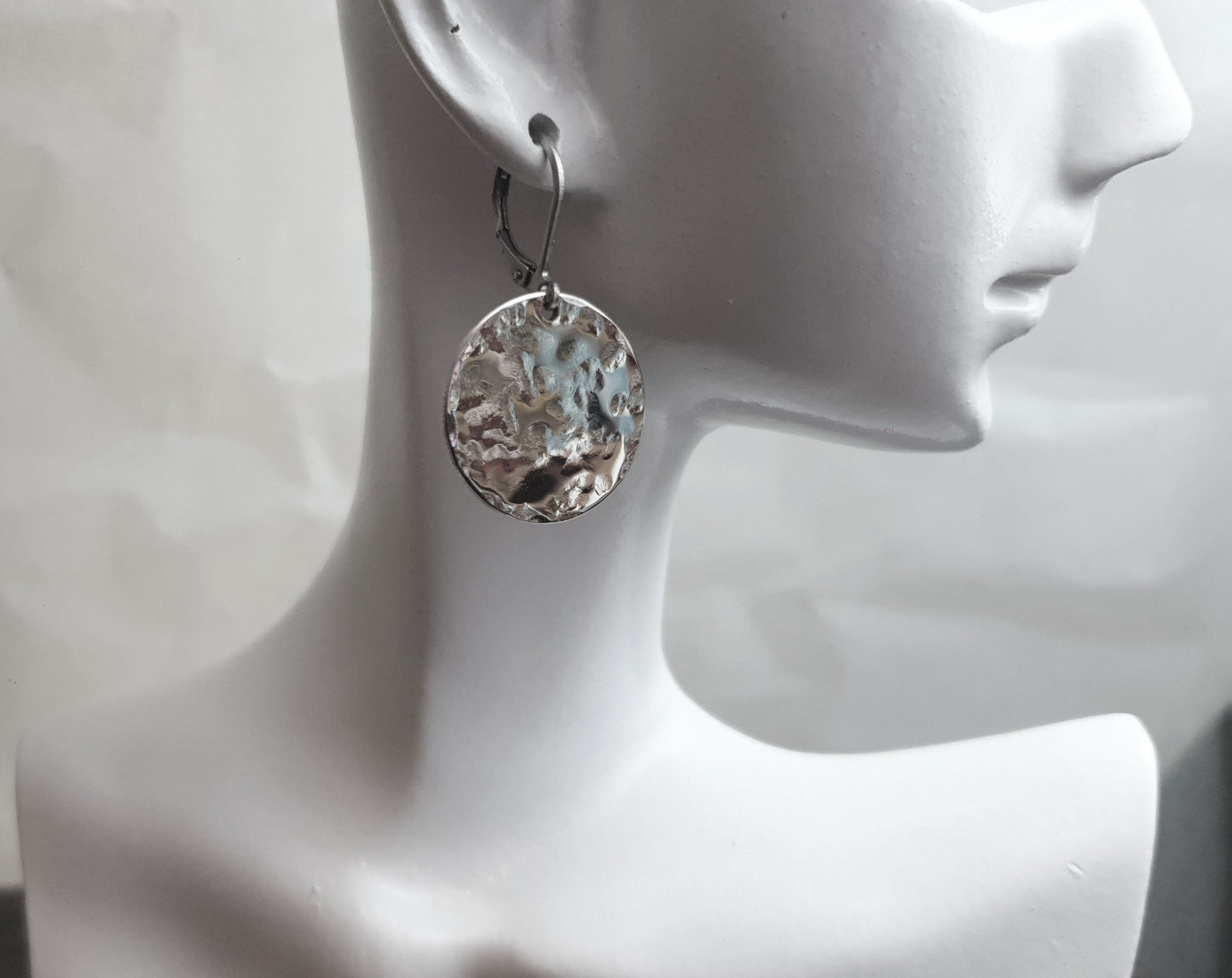Silver Hammered Circle Disc Large Earrings, 20mm Coin Disc, Custom Stainless Steel Dangle Leverback, Hoops or Hook Earrings