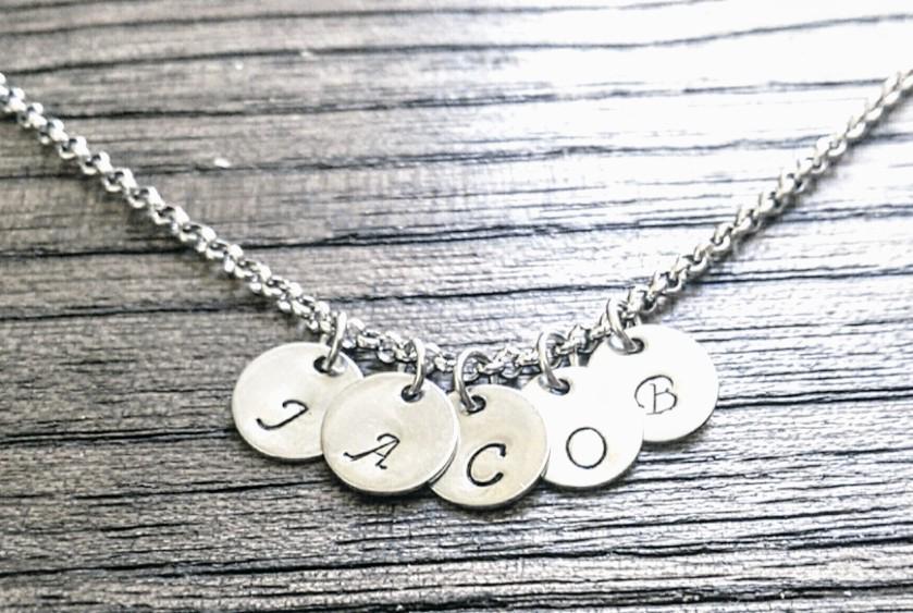 Initial Charm Necklace, Personalised Name Initial Small Disc Hand Stamped Necklace, Minimalist Jewellery Gift, Waterproof Stainless Steel