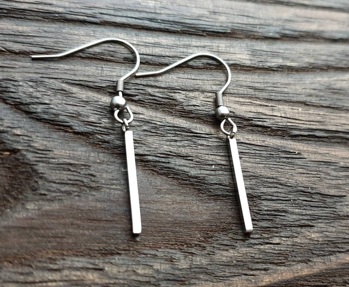Bar Earrings, Stainless Steel Bar Dangle Leverback Earrings, Hook Earrings. Waterproof