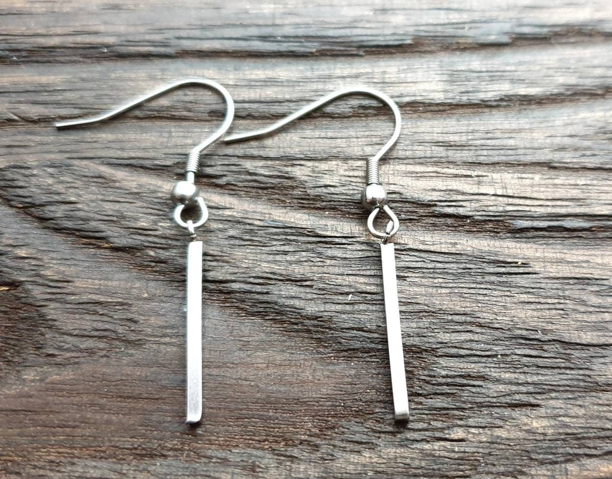 Bar Earrings, Stainless Steel Bar Dangle Leverback Earrings, Hook Earrings. Waterproof