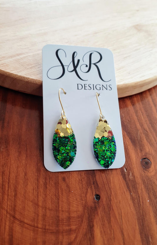 Teardrop Hook Earwire Dangle Gold Earrings, Emerald Green to Blue Chainging Colours eith Gold Glitter, Stainless Steel Statement Earrings.