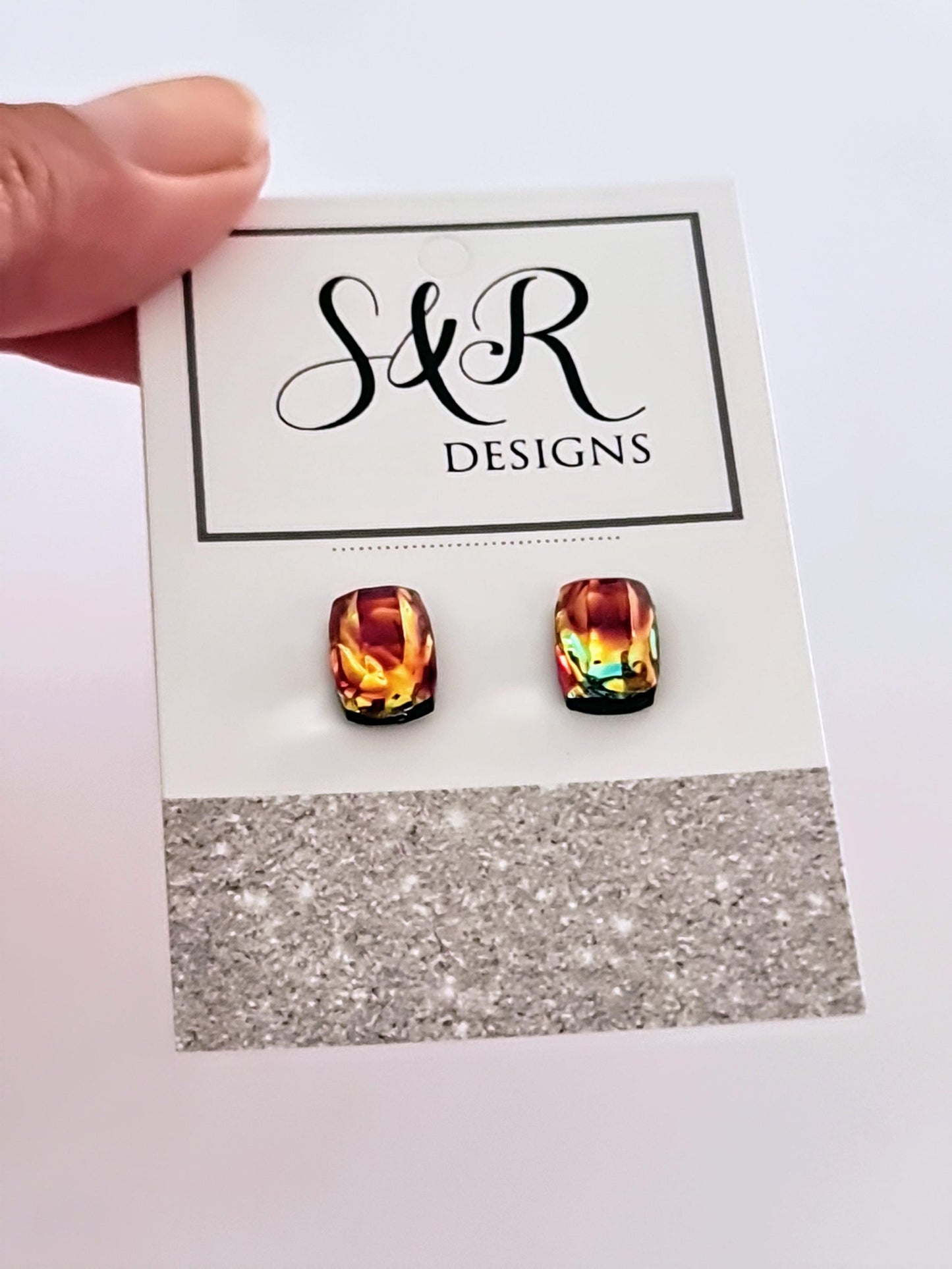 Iridescent Red Rainbow Resin Stud Earrings with Stainless Steel Posts | Handmade Colorful Jewelry Gift | Gift for Her or Him
