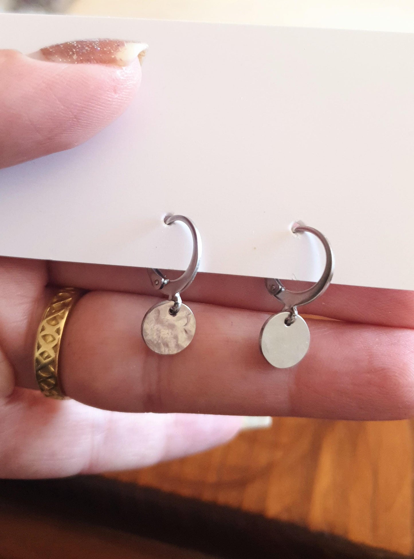 Silver Hammered Circle Disc Mini Leverback Earrings, Coin Disc Hoops, Earwire, Stainless Steel Dangle Leverback, Minimalist Earrings, 8mm