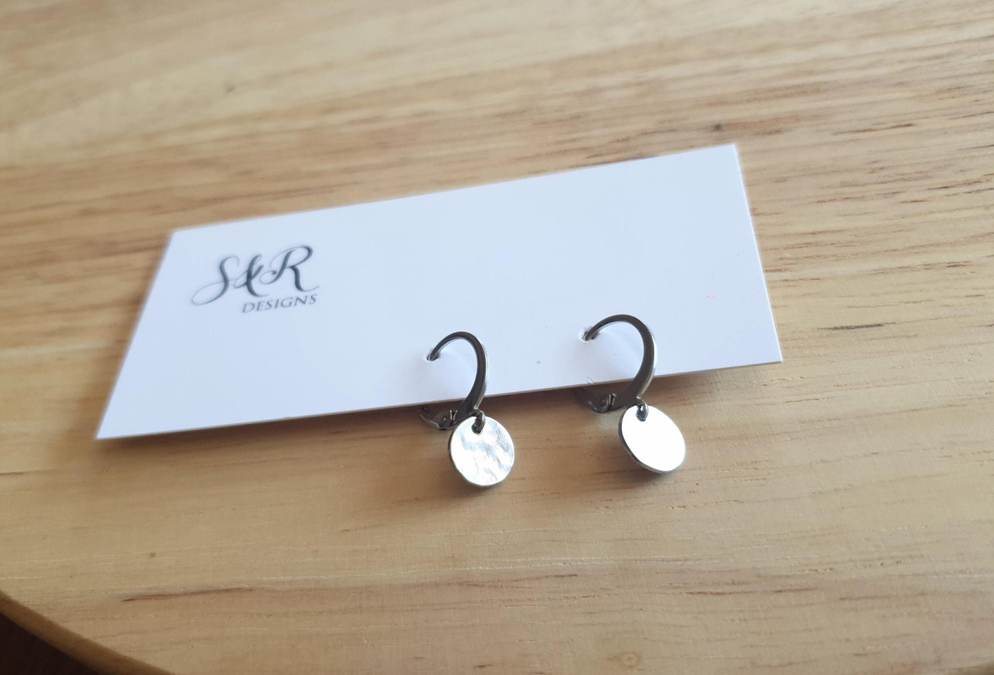 Hammered Silver Circle Disc Leverback Earrings, Stainless Steel Hypoallergenic Dangle, Minimalist 8mm