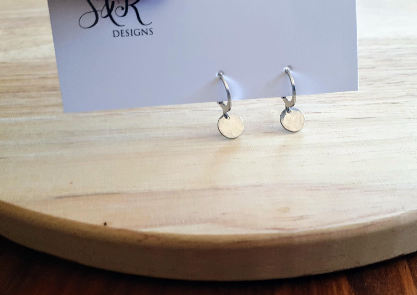 Silver Hammered Circle Disc Mini Leverback Earrings, Coin Disc Hoops, Earwire, Stainless Steel Dangle Leverback, Minimalist Earrings, 8mm