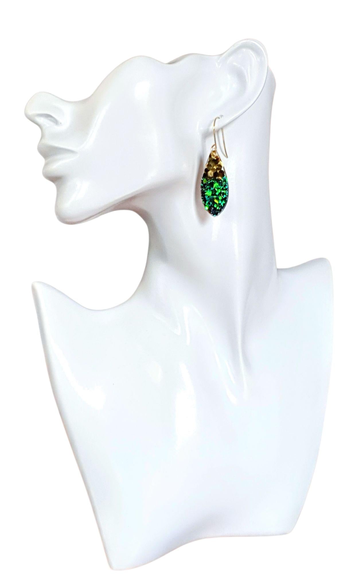 Teardrop Hook Earwire Dangle Gold Earrings, Emerald Green to Blue Chainging Colours eith Gold Glitter, Stainless Steel Statement Earrings.