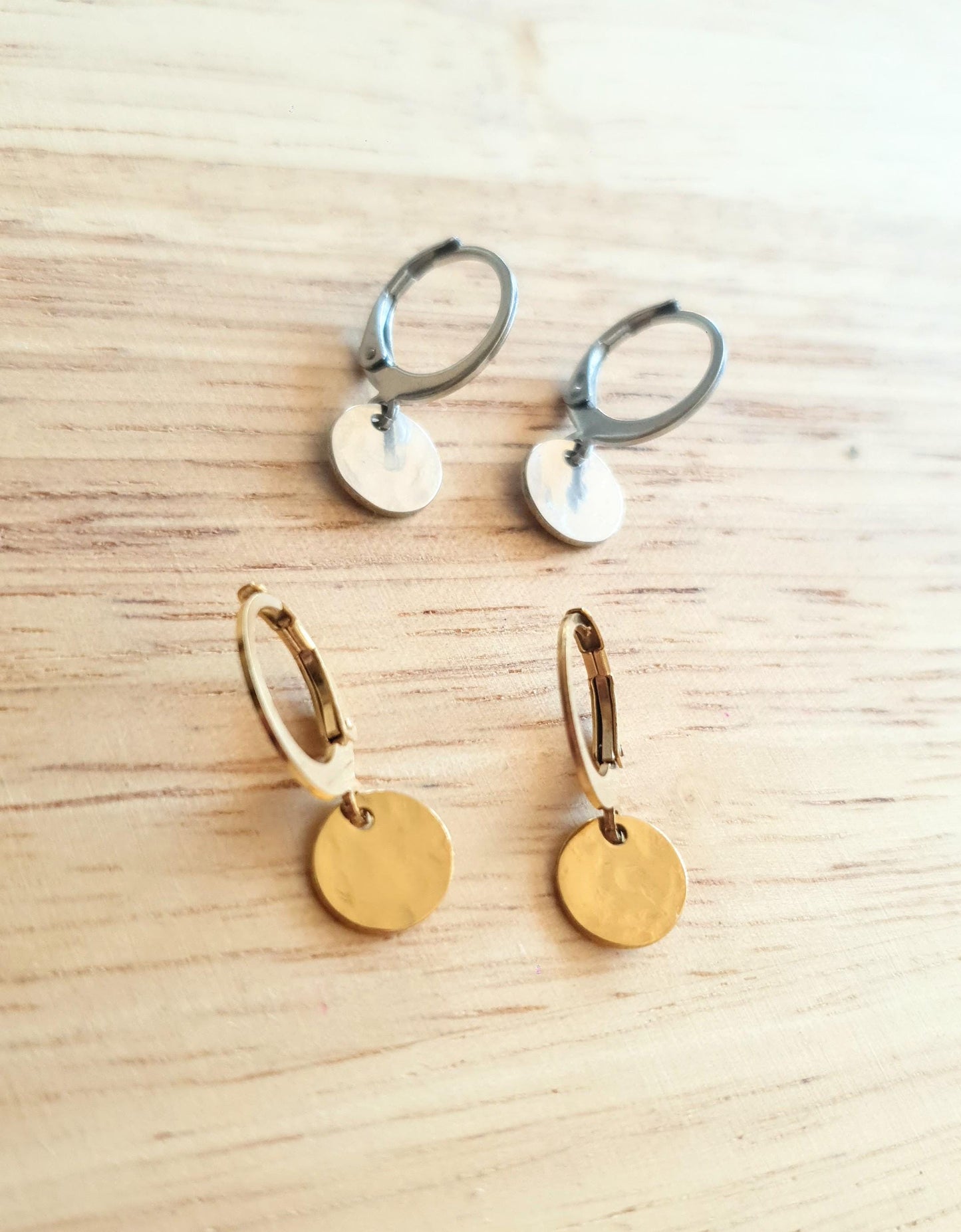 Hammered Silver Circle Disc Leverback Earrings, Stainless Steel Hypoallergenic Dangle, Minimalist 8mm