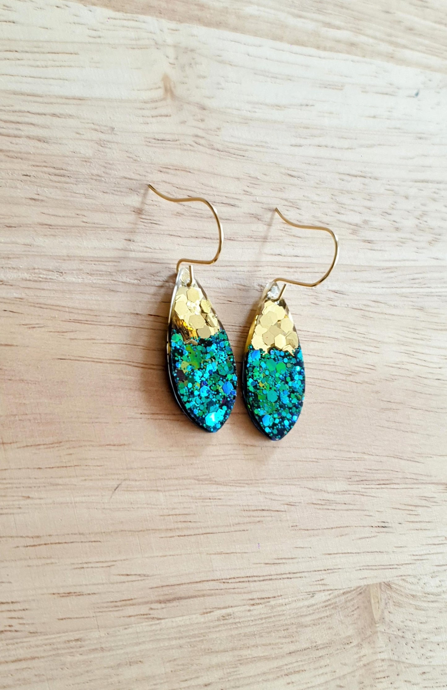 Teardrop Hook Earwire Dangle Gold Earrings, Emerald Green to Blue Chainging Colours eith Gold Glitter, Stainless Steel Statement Earrings.