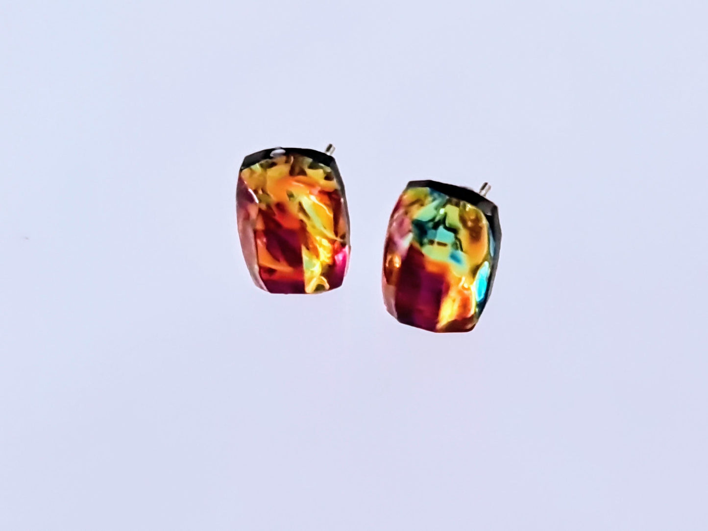 Iridescent Red Rainbow Resin Stud Earrings with Stainless Steel Posts | Handmade Colorful Jewelry Gift | Gift for Her or Him