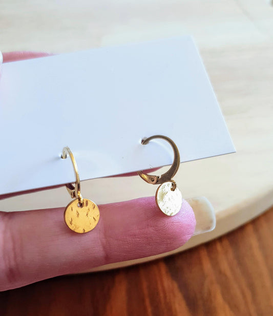Gold Hammered Circle Disc Mini Leverback Earrings, Coin Disc Hoops, Hook Earwire, Stainless Steel Dangle Leverback, Minimalist Earrings, 8mm