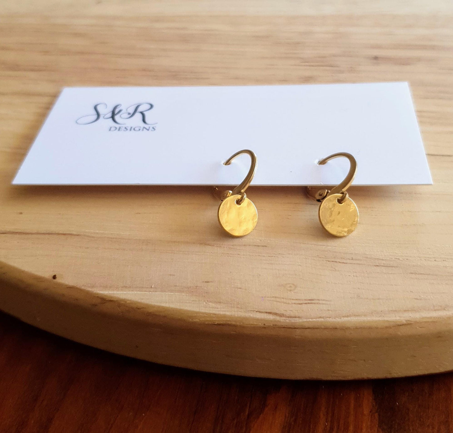 Gold Hammered Circle Disc Mini Leverback Earrings, Coin Disc Hoops, Hook Earwire, Stainless Steel Dangle Leverback, Minimalist Earrings, 8mm