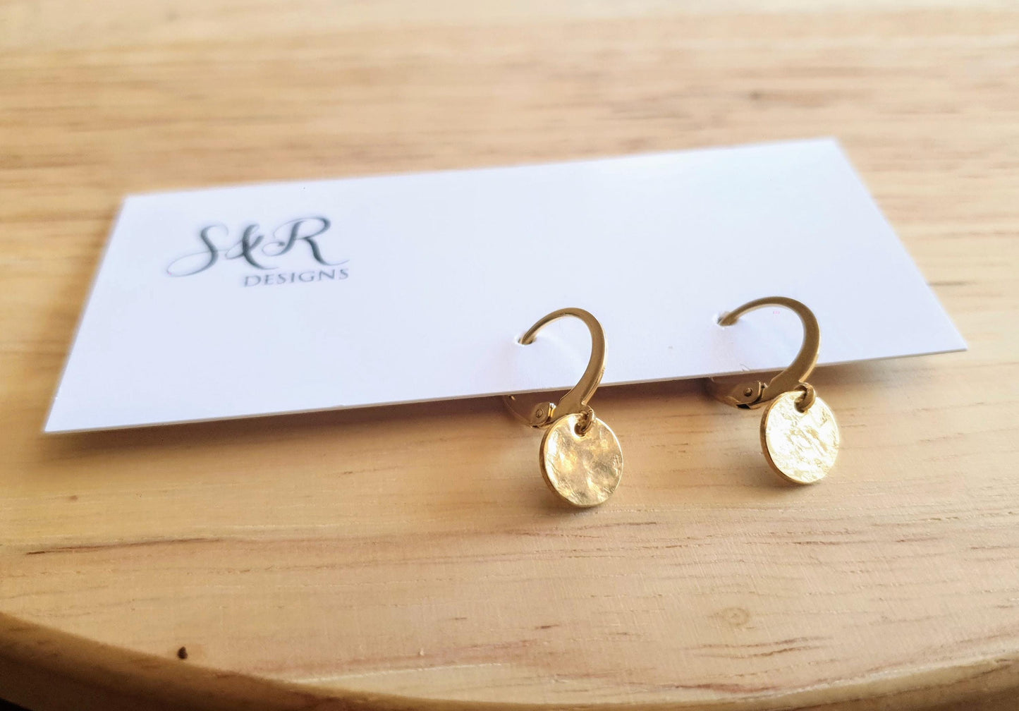 Gold Hammered Circle Disc Mini Leverback Earrings, Coin Disc Hoops, Hook Earwire, Stainless Steel Dangle Leverback, Minimalist Earrings, 8mm