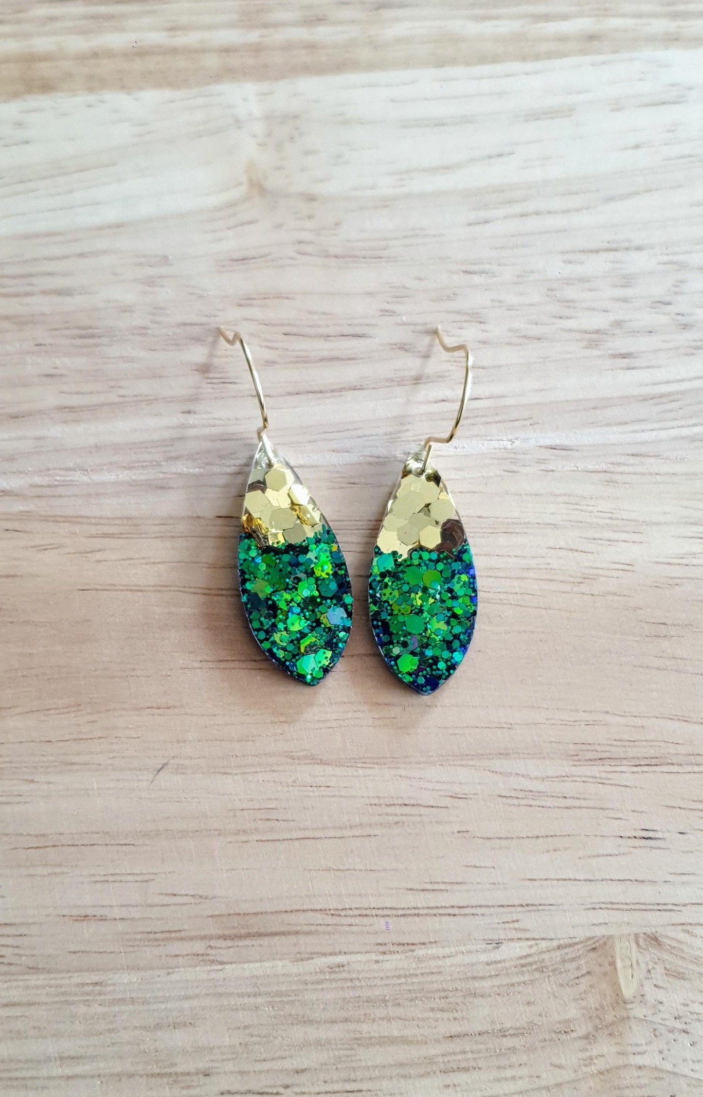 Teardrop Hook Earwire Dangle Gold Earrings, Emerald Green to Blue Chainging Colours eith Gold Glitter, Stainless Steel Statement Earrings.