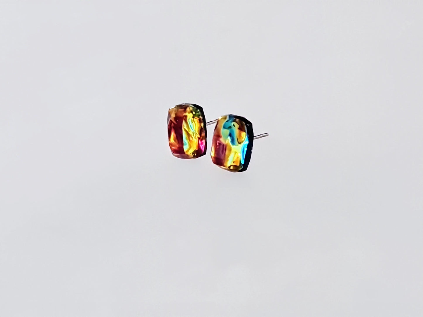Iridescent Red Rainbow Resin Stud Earrings with Stainless Steel Posts | Handmade Colorful Jewelry Gift | Gift for Her or Him