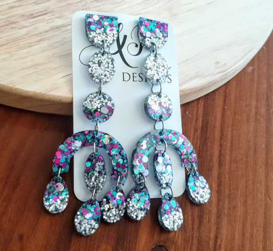 Chandelier Resin Dangles, Purple Teal Silver Large Oversized Extra Long Earrings, Purple Mix Glitter, Statement Earrings, Fashion Lover